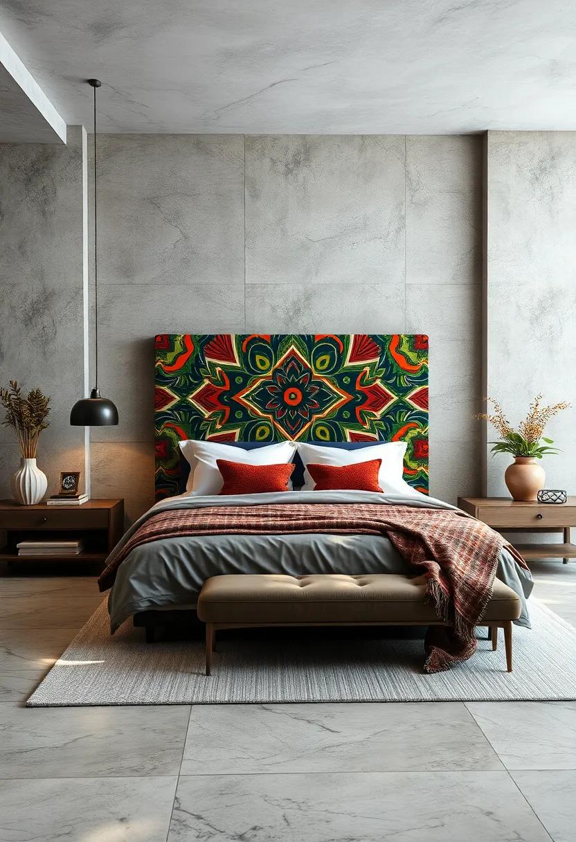Vibrant Artistry: A bold, graphic-print headboard⁣ serves as a striking focal point, injecting personality into an otherwise neutral room