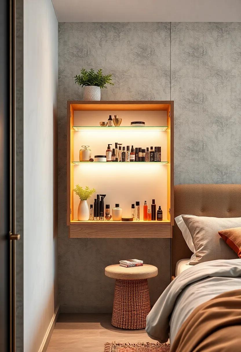 Create a wall-mounted‍ cabinet with an open design to neatly store and showcase your makeup ​products in style