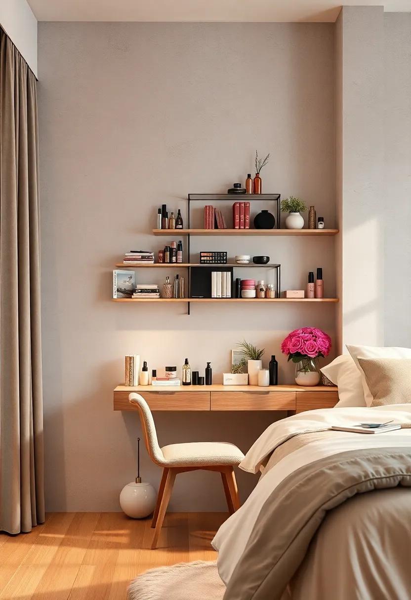 Design ⁣a unique makeup station‌ by using ‌wall-mounted shelves to free up floor ‍space,providing ⁢a modern and tidy⁣ approach to beauty organization