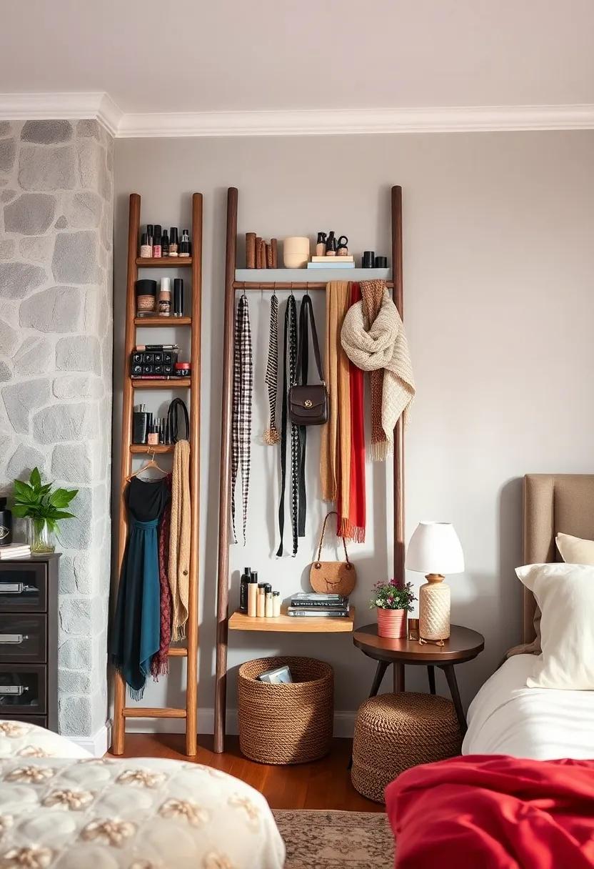 Repurpose a ‌vintage ladder ‍as a hanging display for scarves, belts, and accessories, creating a stylish focal point⁢ in your bedroom