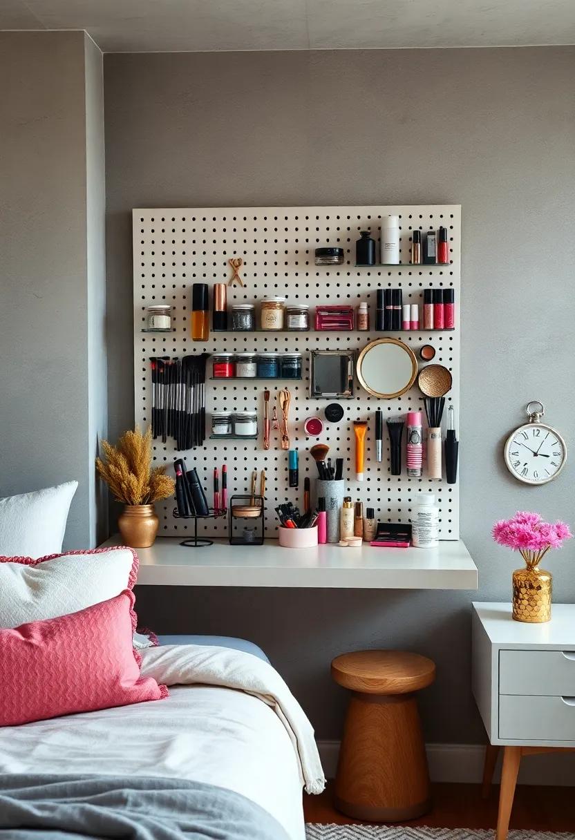 transform a wall-mounted pegboard into a makeup haven by hanging jars, ‍tools, and your favorite products for ⁣easy access