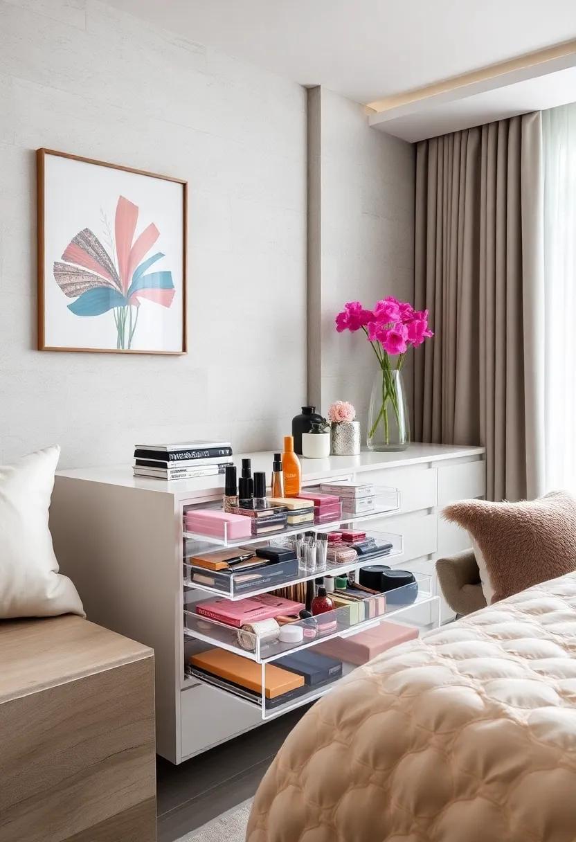 Use a multi-compartment ‌acrylic drawer set⁤ that neatly⁤ organizes everything from lip gloss to​ hair⁤ ties, all⁣ while looking sleek