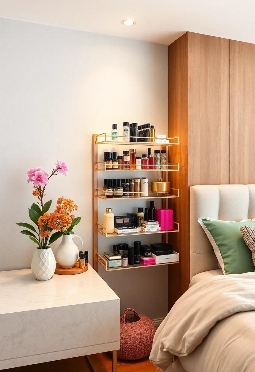 Utilize a tiered spice rack for displaying⁤ and organizing makeup palettes ⁣and smaller products, adding a ⁢splash of⁣ color to your‌ vanity