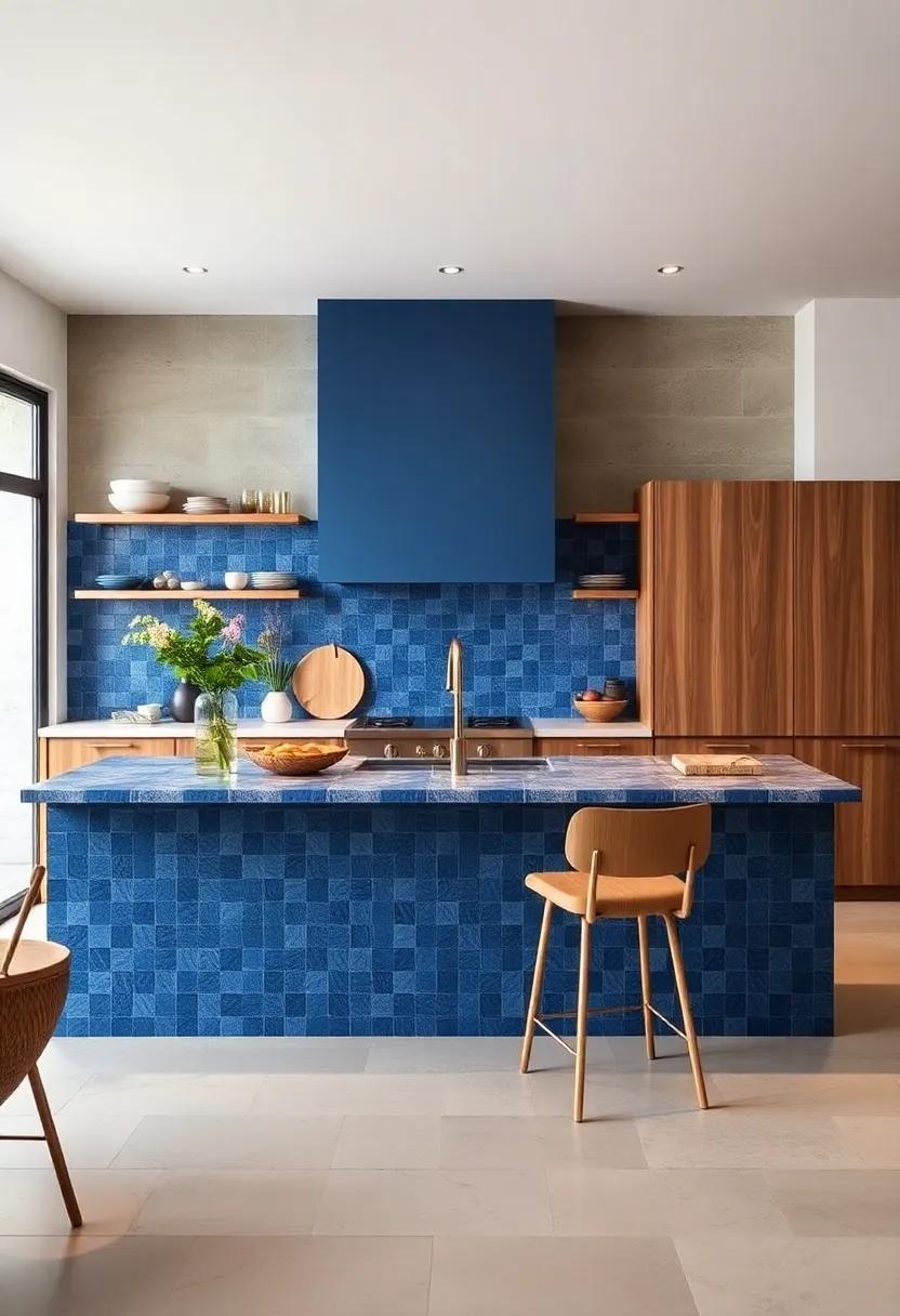 Artisanal Touch: Incorporate handmade tiles in various shades of blue around a central island, celebrating craftsmanship while adding depth ​and texture