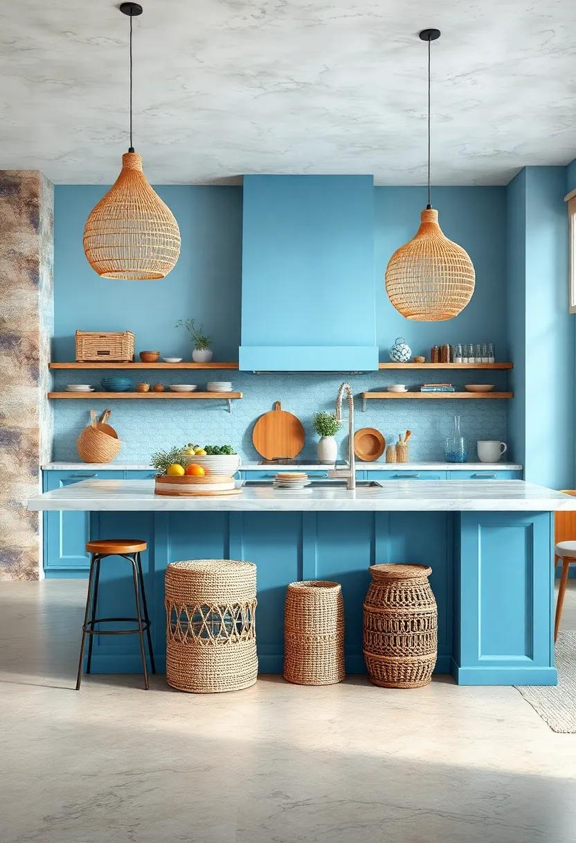 Beachy boho: Embrace bohemian elements with a light blue island adorned with woven textures⁣ and natural materials, creating a space filled with warmth and creativity