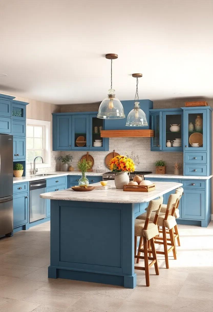 Farmhouse Fresh: A rustic blue kitchen island accented with reclaimed wood and ​vintage decor embodies the heartwarming essence of a traditional ⁤farmhouse