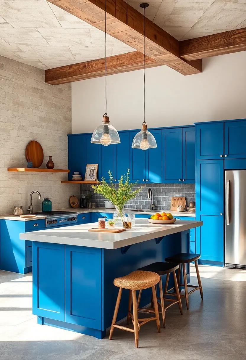 Industrial Chic: ⁣Layer an industrial feel with a blue island featuring a concrete top and metal accents, blending ​modern design with a touch of urban flair