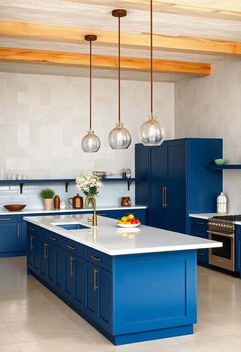 Navy Elegance: Dive ​into sophistication with ‍a deep navy blue island, complemented by brass ‌hardware and white⁣ countertops, offering ⁤a luxurious touch to your culinary space