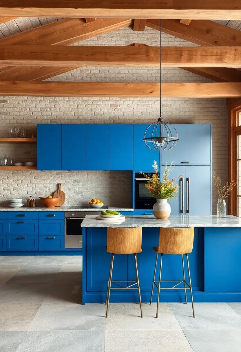 Rustic Elegance: Expose natural wood beams above‌ a ‍bold blue island, marrying rustic elements with​ a modern color scheme for a ‌warm, ‍inviting ⁢space