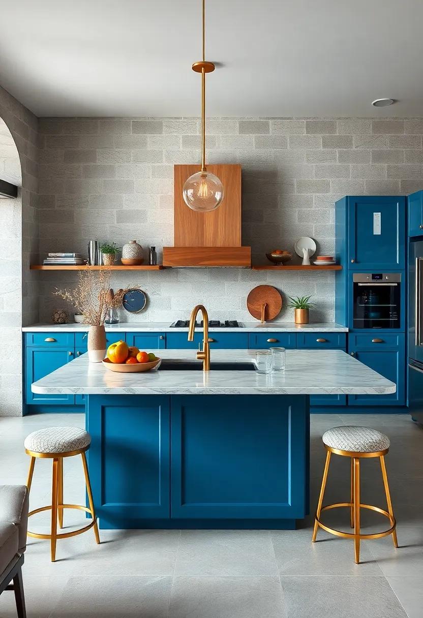 Understated Chic: ​A muted ⁤blue island with gold accents beautifully balances‍ sophistication and casual comfort, providing an elegant⁤ yet laid-back culinary environment