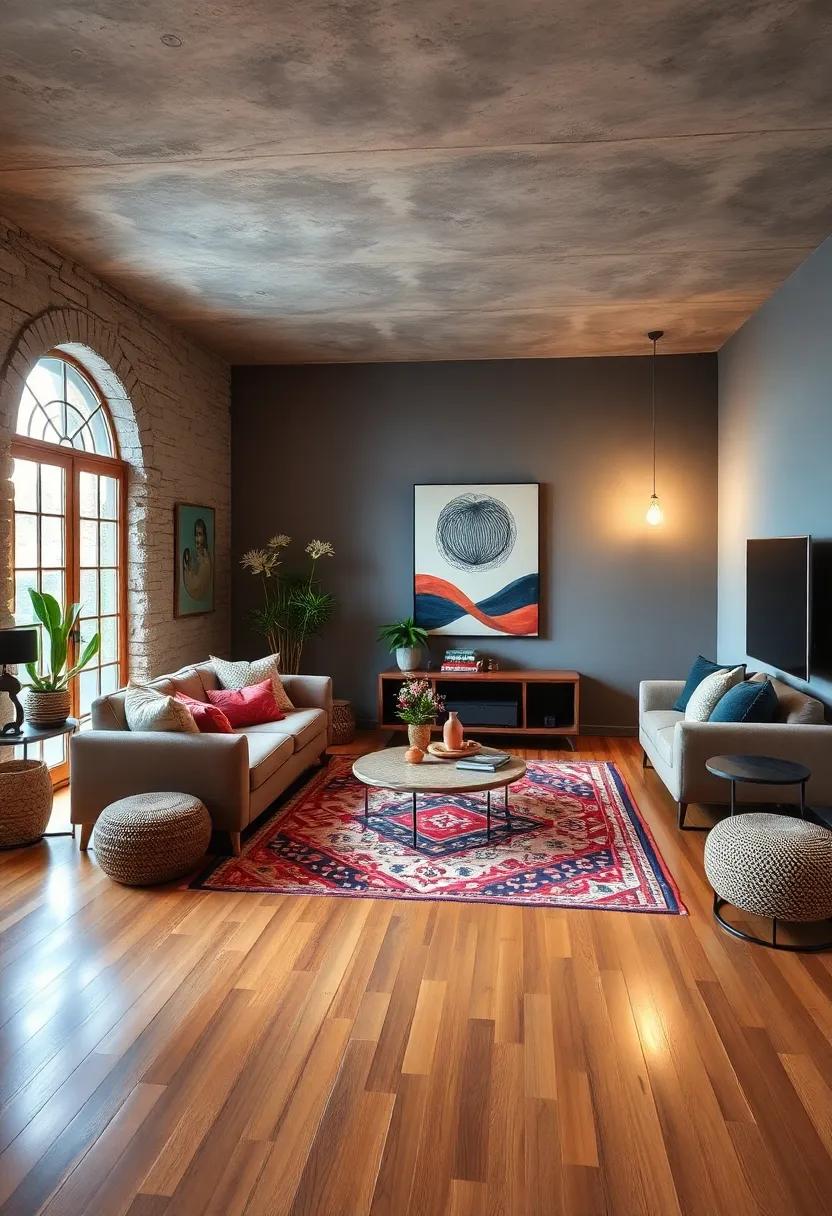 Include a⁤ statement rug that showcases bold‍ geometric prints or traditional motifs, anchoring your ‌seating area and adding warmth⁢ to the hardwood floors