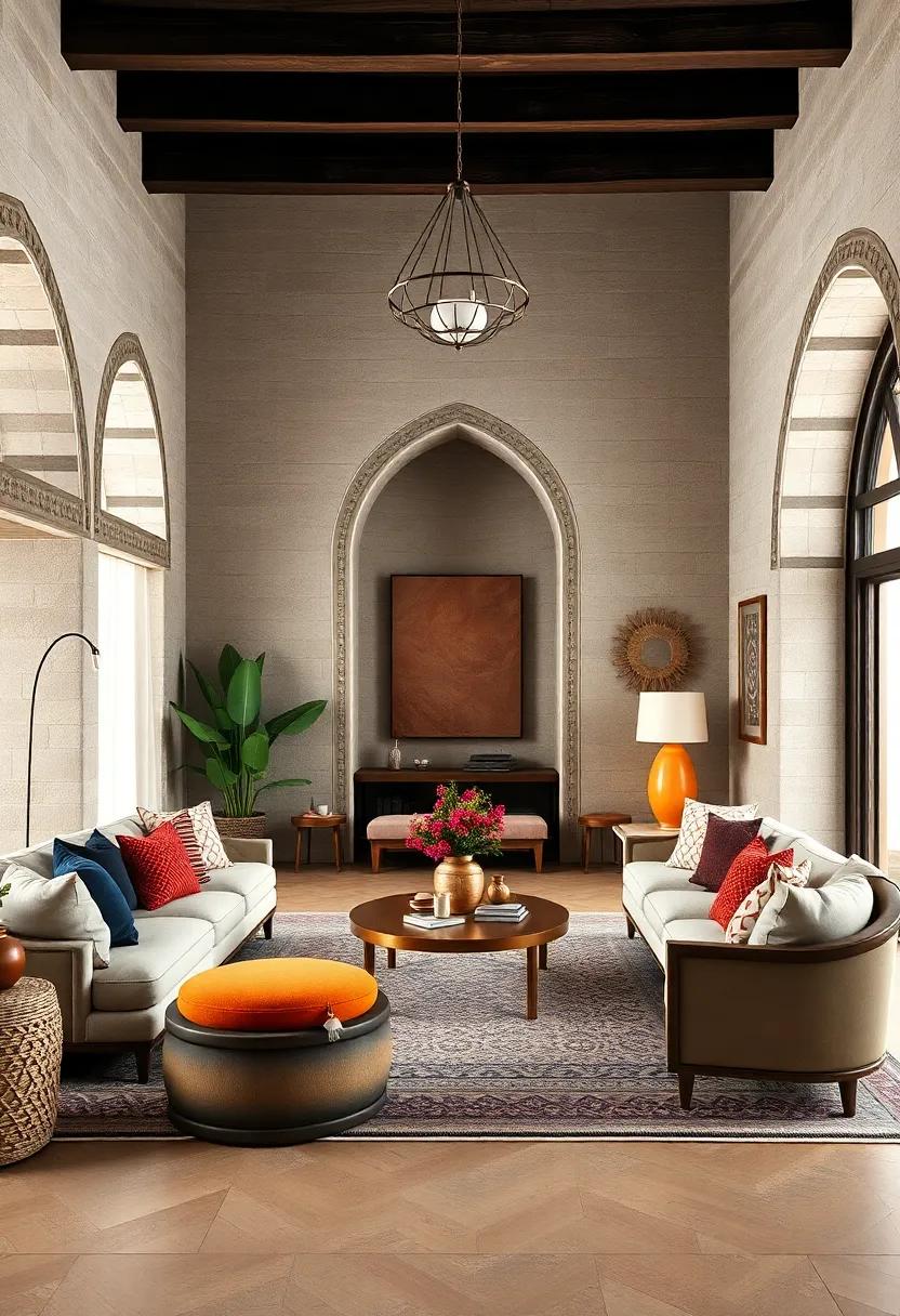 Integrate a focal point ​with a striking piece​ of moroccan ​architecture, such as archway designs ‍or intricate woodwork, to⁤ elevate the ⁣entire‌ room’s⁤ aesthetic