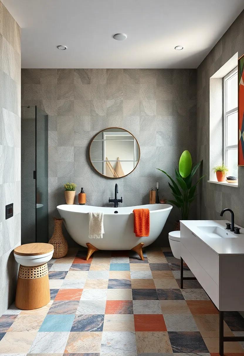 Bold, mismatched tiles that create a unique patchwork effect underfoot