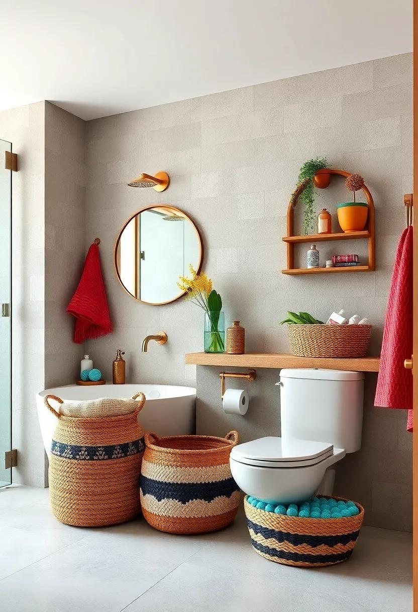 An eclectic mix of storage baskets, combining​ textures and colors for organizing toiletries