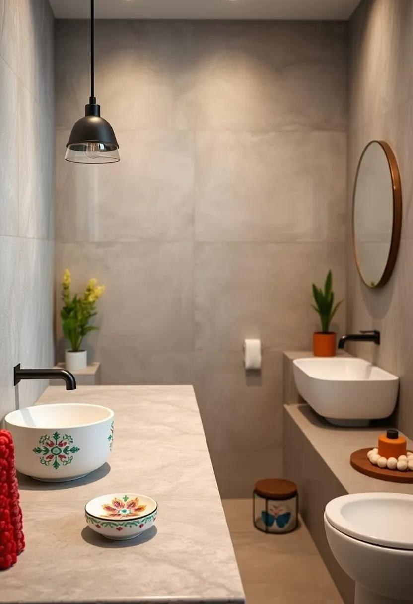Hand-painted ceramics, such as soap dishes or toothbrush cups, adding a personal touch