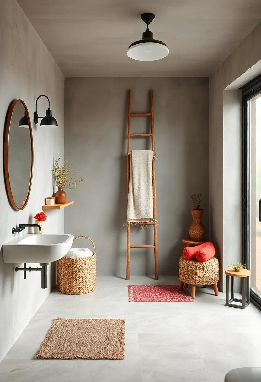 A vintage ladder repurposed as a quirky towel rack, ‌adding height and personality