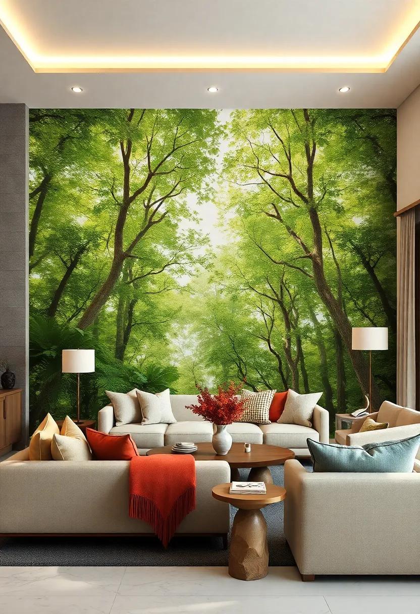 Serene Forest canopy: Immerse yourself in the ‌tranquility ⁢of‍ a lush green ‌forest​ with dappled sunlight ‍filtering through the leaves, ‌creating ‌a ​peaceful retreat in your living room