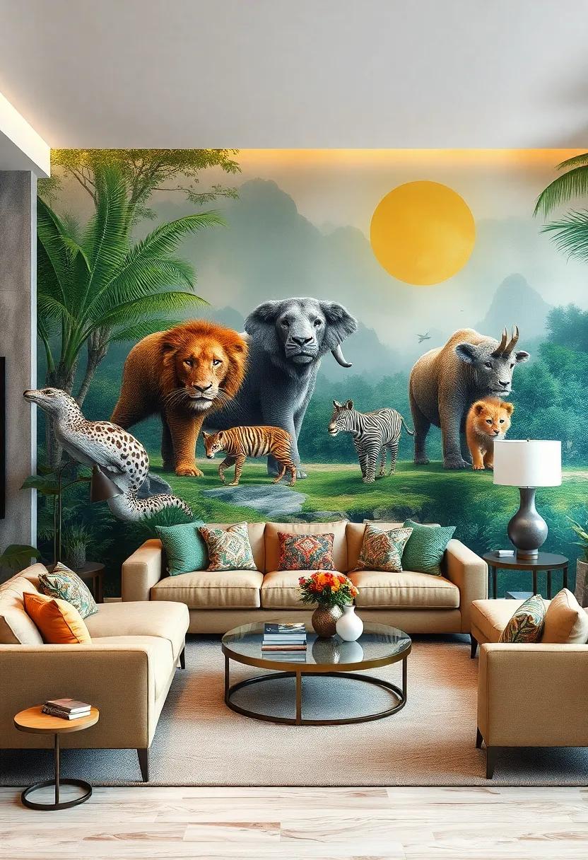 Exotic Wildlife⁣ Adventure: Infuse your ‍living room with the spirit of exploration ⁣through a wallpaper ​featuring majestic⁢ animals in⁣ their natural habitat
