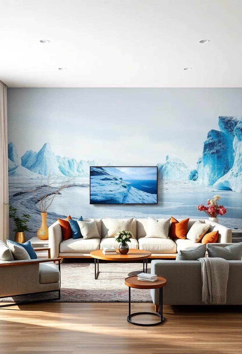 Arctic​ Serenity:‍ Experience the cool tranquility of icy ⁣landscapes with a wallpaper depicting serene⁢ glaciers and ⁣soft blue tones, perfect for a modern retreat