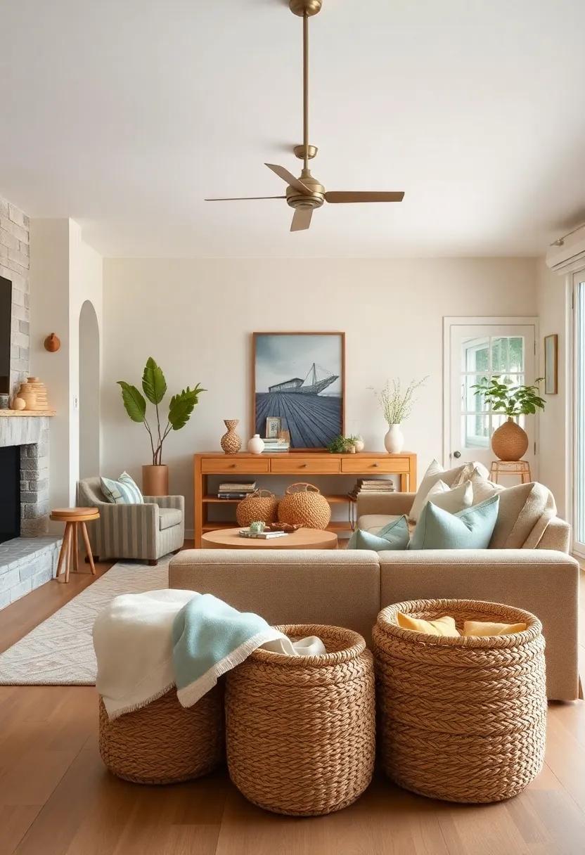 Natural Fiber Baskets: Use woven baskets filled with blankets or magazines to introduce texture and practicality while keeping your space tidy