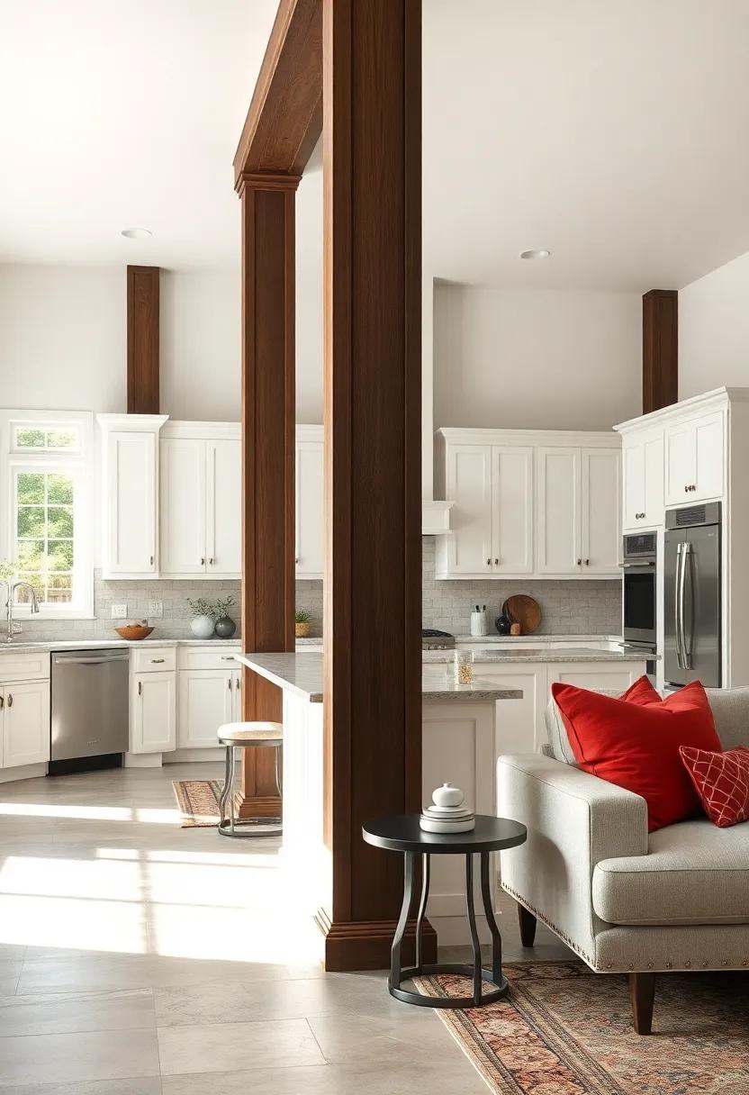 Bask in ​the⁤ warmth of⁢ a ⁤traditional kitchen ‍where classic white cabinetry meets rich,​ dark-stained columns for ⁤a touch ‌of refinement
