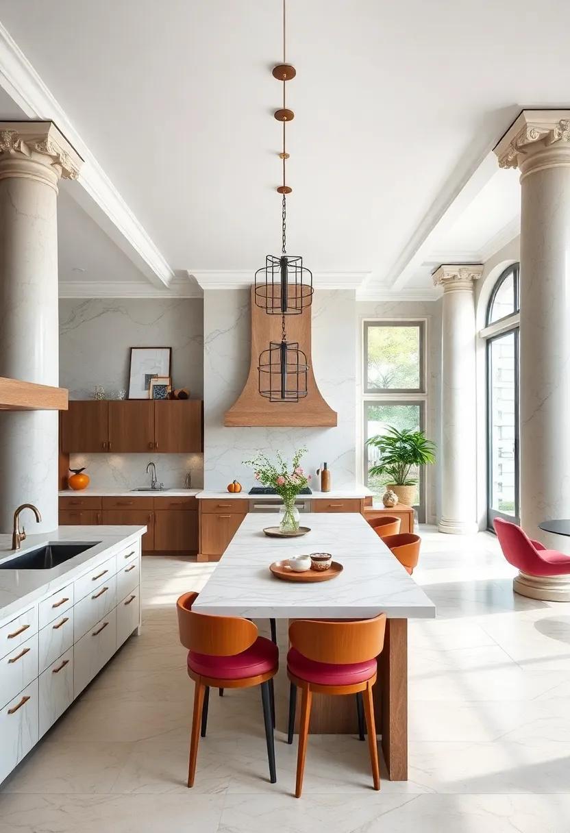 Experience luxury in a high-end kitchen ‍that combines marble countertops with ornate columns, offering a tasteful blend ⁣of​ sophistication and comfort