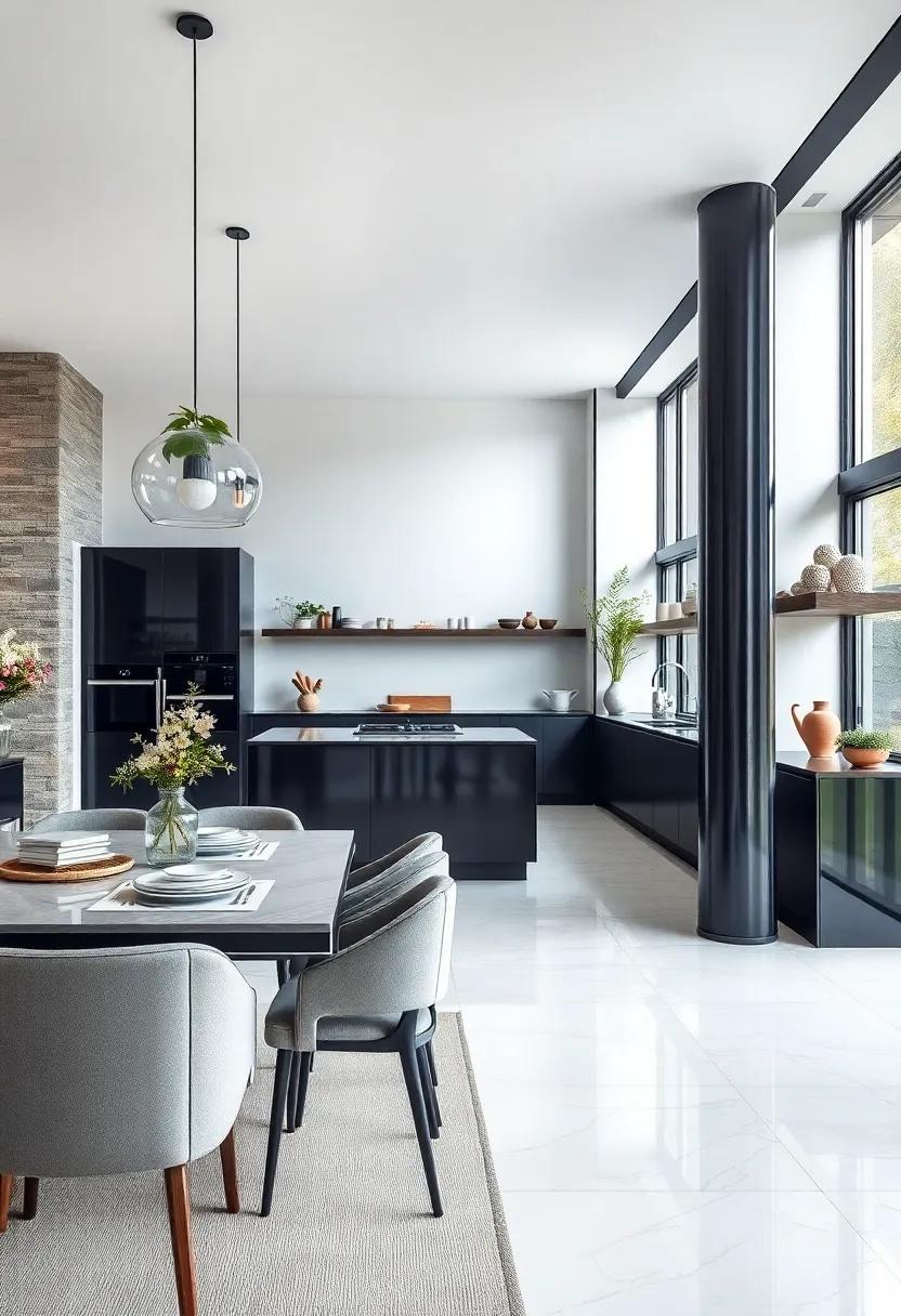 Explore a⁣ sleek black ​and‌ white kitchen, where ⁣striking​ columns contrast against glossy surfaces, bringing a‍ touch of drama to the‌ design