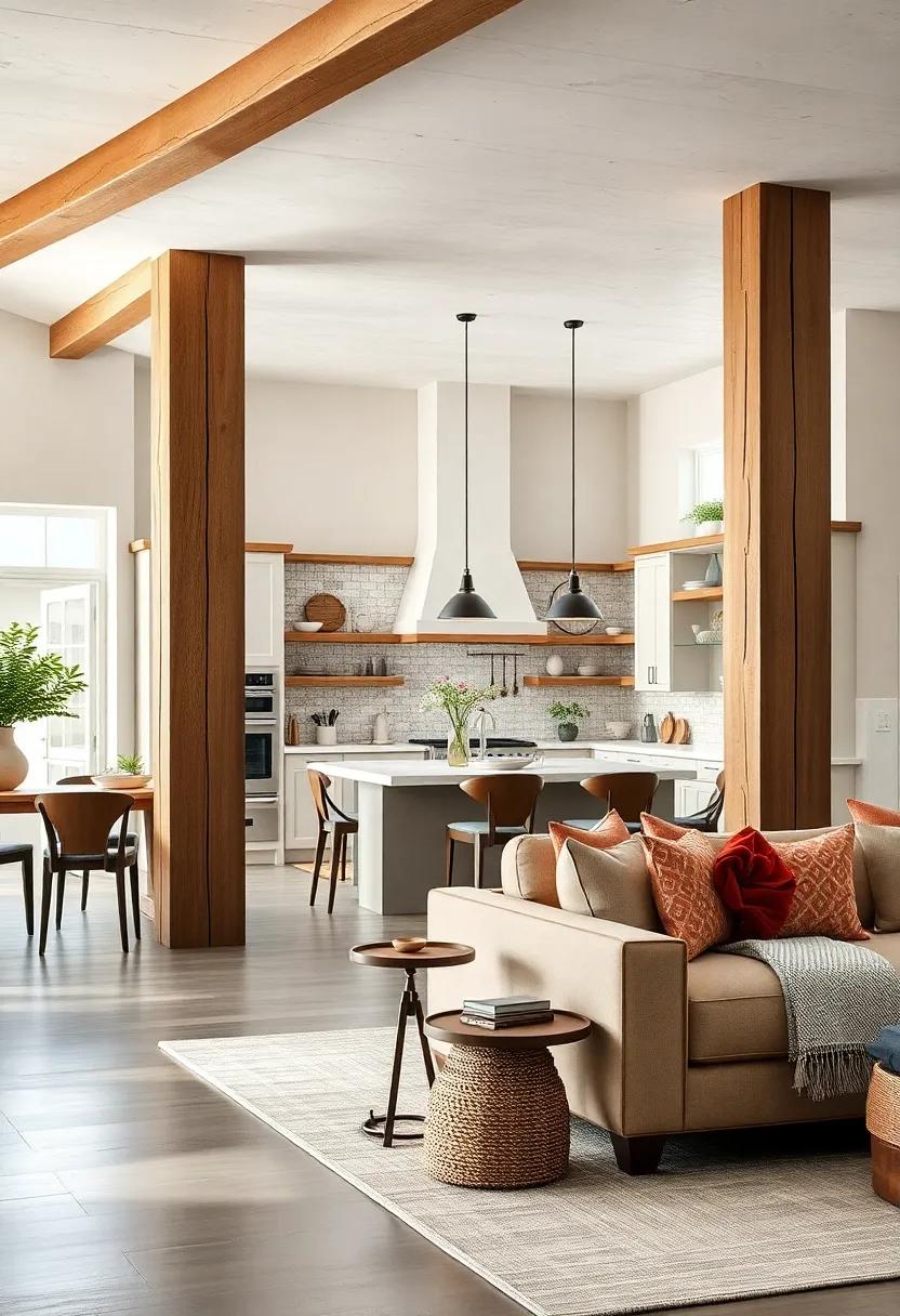 Get cozy ⁢in a farmhouse-style kitchen⁤ that showcases distressed‌ wood ​columns,providing a charming⁤ backdrop for ⁣family gatherings