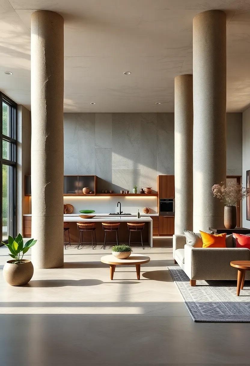Get inspired by an artsy kitchen where unique, ​sculptural columns serve as conversation starters,⁣ melding art and function