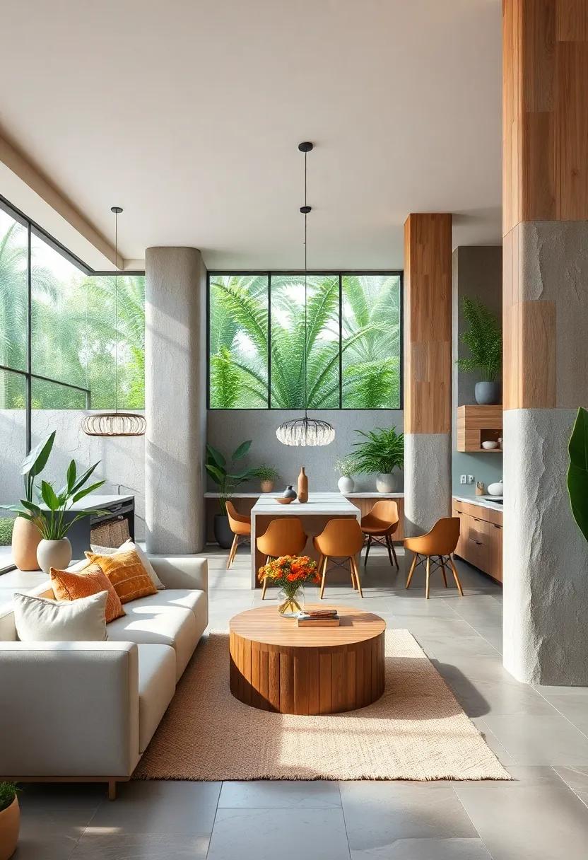 Indulge⁢ in a garden-inspired kitchen⁢ filled with greenery ​and‍ natural wood columns, blending​ indoor and outdoor⁣ living ‌seamlessly
