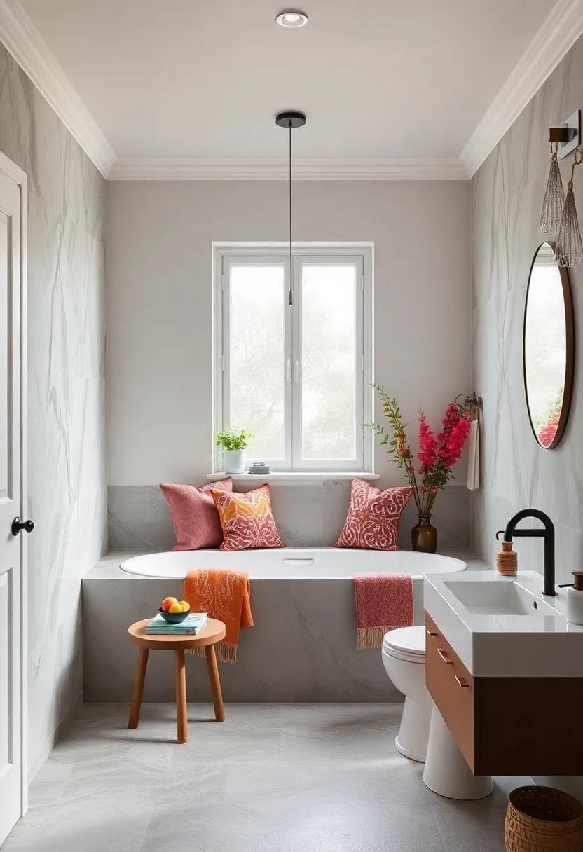 Swathes of Color: Use patterned fabric to create window seat cushions that introduce⁣ bursts of color into your bathroom