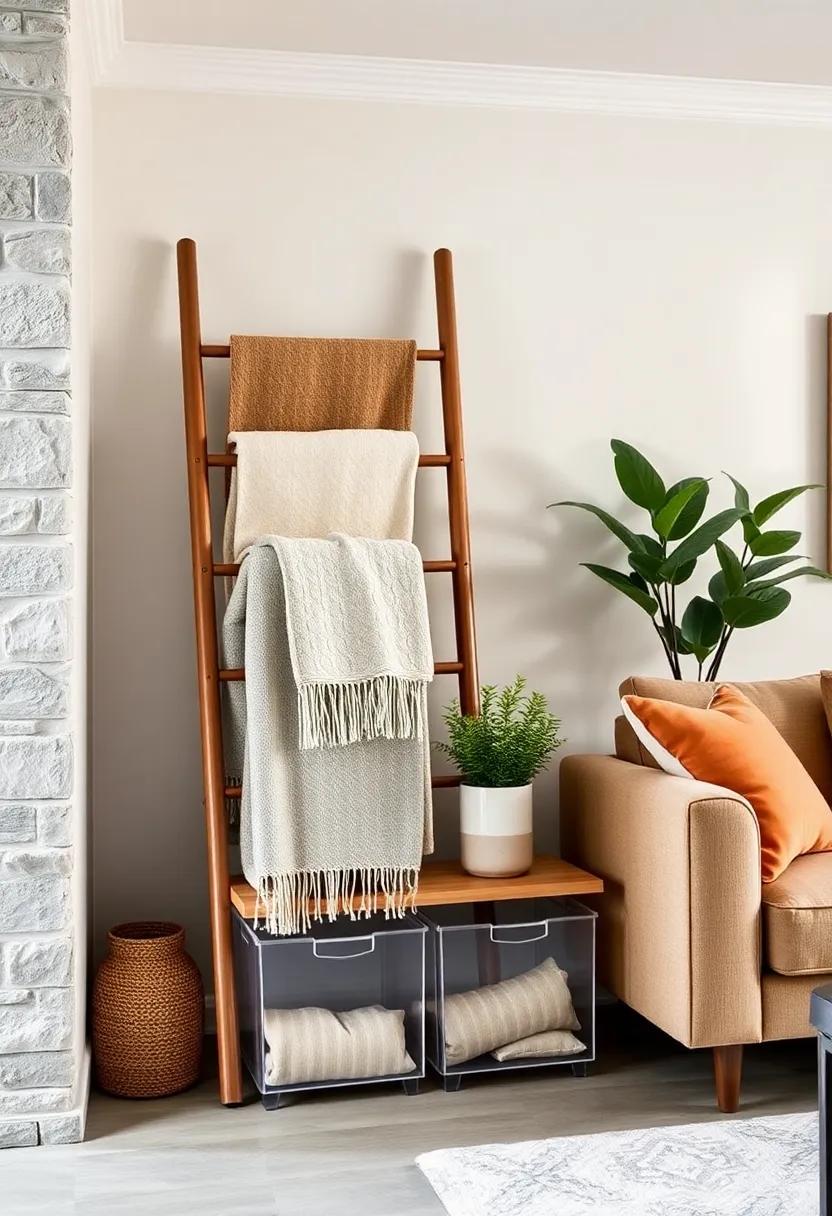 Blanket Ladder: Create a stylish blanket ladder for displaying⁣ throws, with clear bins at​ the base for additional storage, keeping everything coordinated and tidy