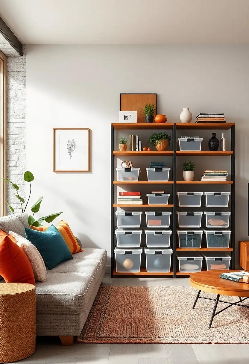 Organize with Tiered Stacking: Invest ‍in tiered shelving that incorporates clear bins for an efficient organization system⁤ that maximizes space in a compact living room