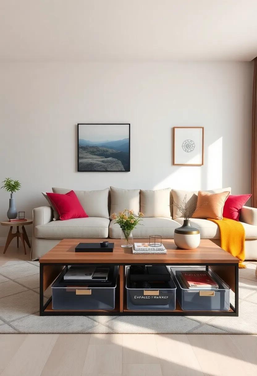Multi-Functional Coffee Table: Choose a coffee table⁣ with a lower shelf fitted with clear bins to store remote controls,coasters,and games neatly