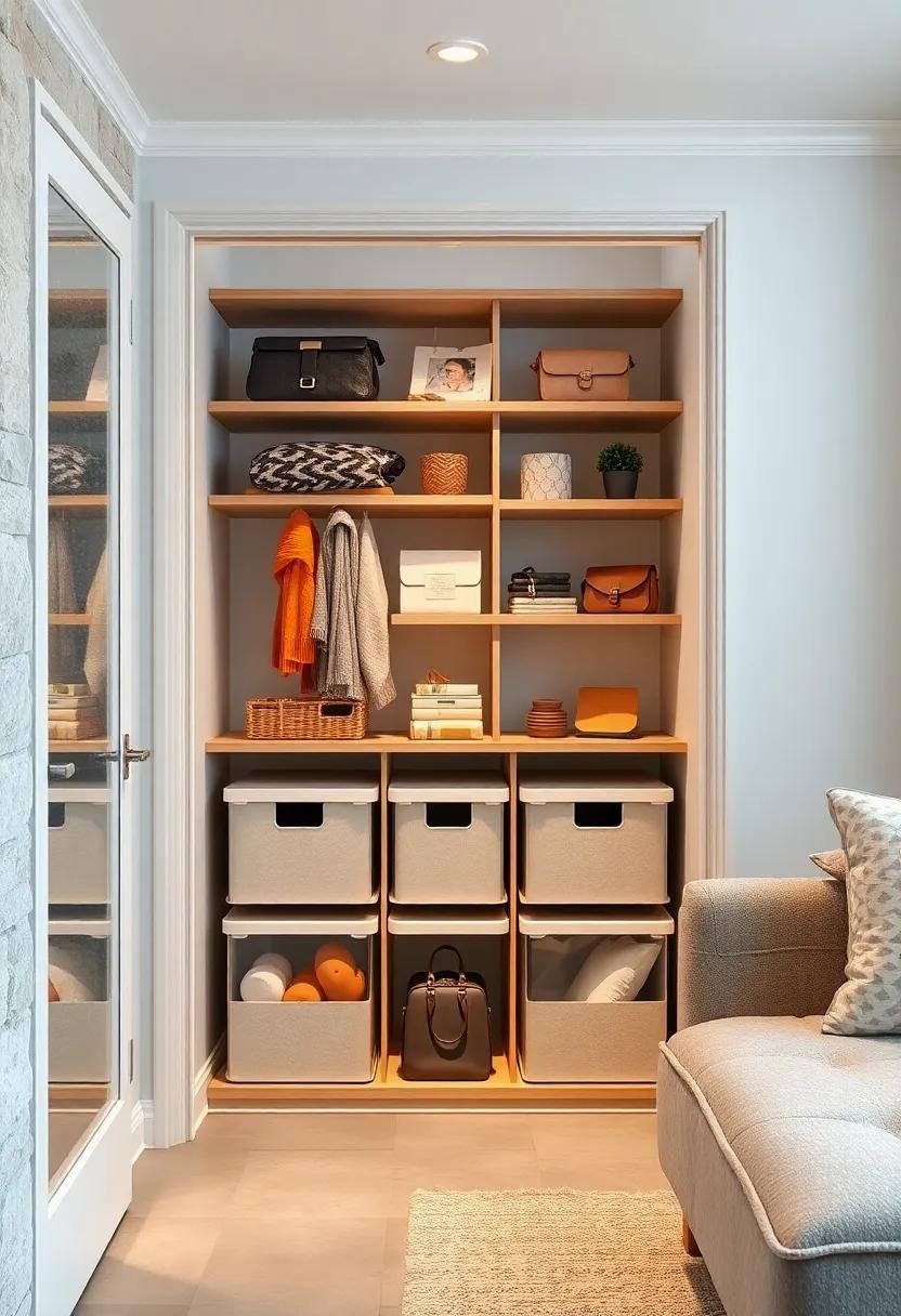 Clean Closet: Use clear bins in your living room closet for a neat way to store items like scarves, bags, and other accessories that would otherwise add to clutter