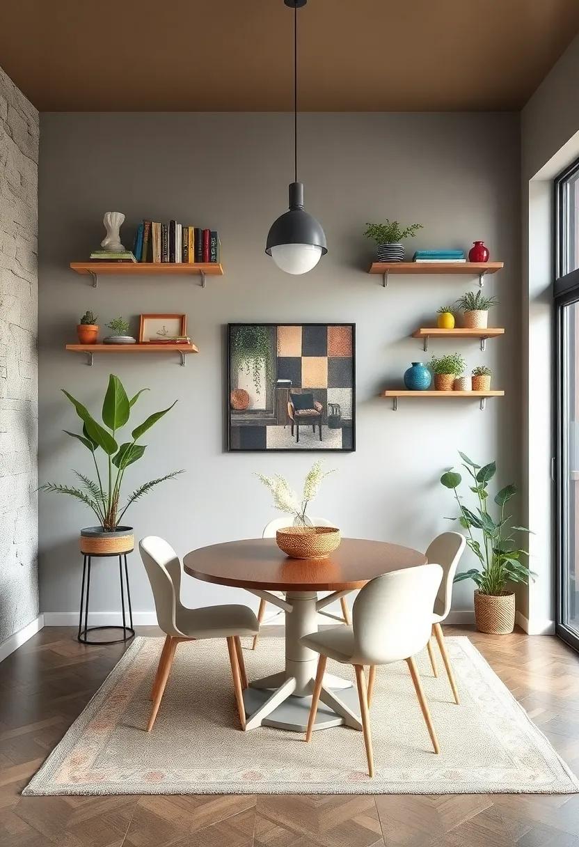 Eclectic Wall Shelves: Unique thrifted or upcycled shelves can display your favorite cookbooks,plants,and decorative items