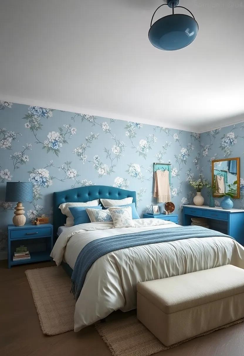 Blue ‌Floral‌ Fantasy: ‍Choose ‍wallpaper adorned with delicate blue florals for a charming vintage vibe that nurtures ⁣a ​peaceful sanctuary
