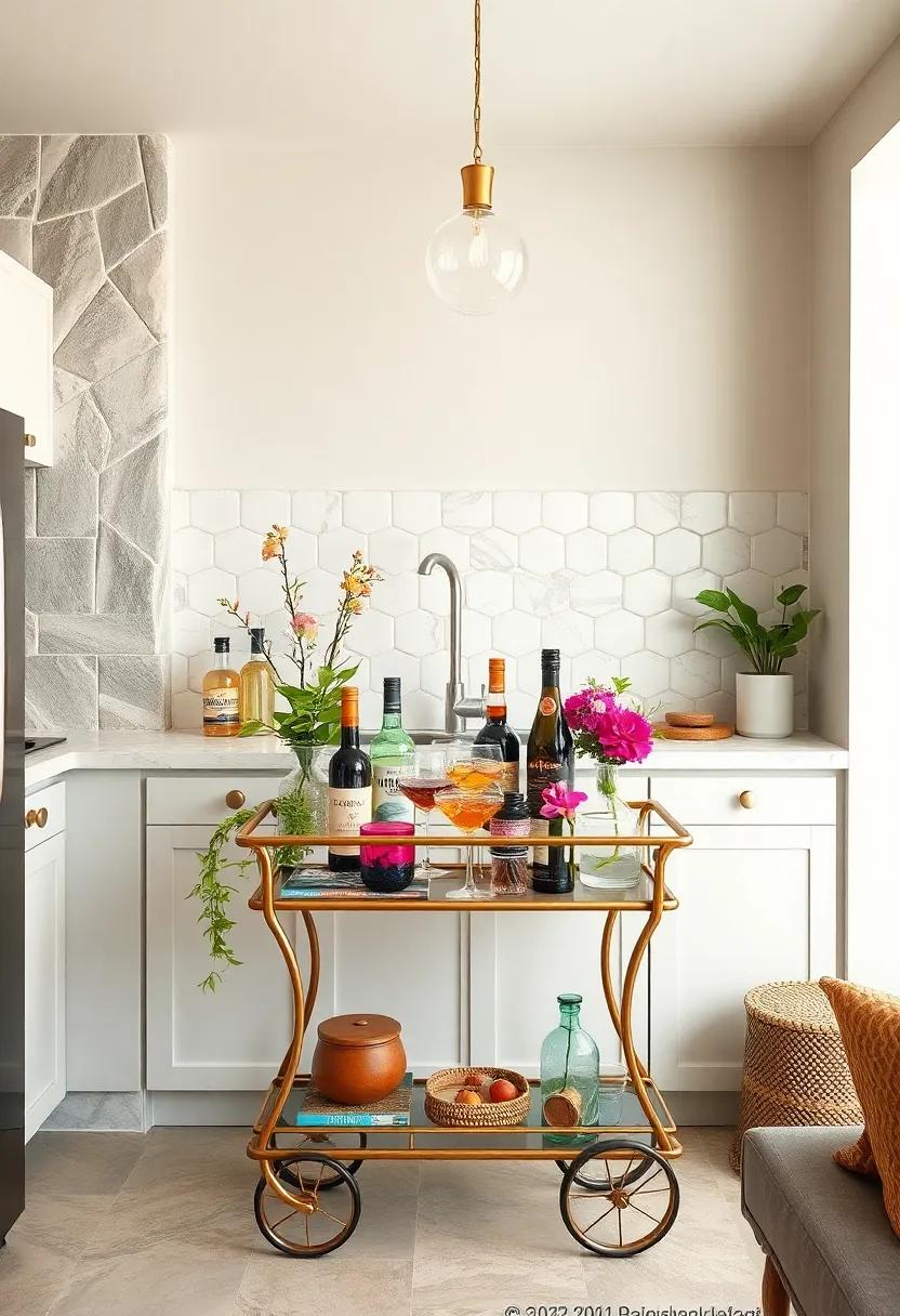 Bohemian bar cart: Style a small bar ‍cart ⁤with‌ vibrant⁢ glassware, eclectic spirits, and fresh flowers for⁤ a⁢ flair⁣ of charm