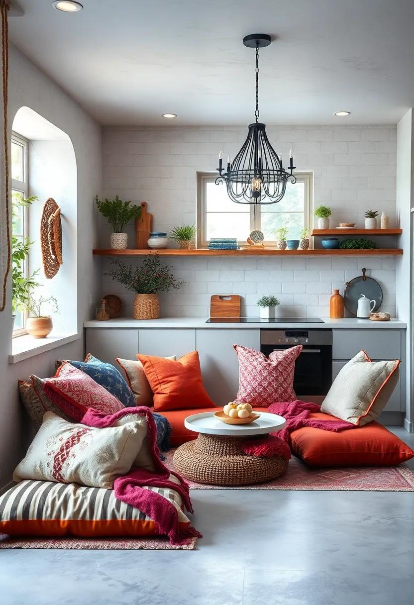 Serene seating area: Design a cozy‍ reading⁢ nook or tea corner⁢ with⁤ floor cushions ⁤and throws, inviting relaxation​ and conversation in your kitchen