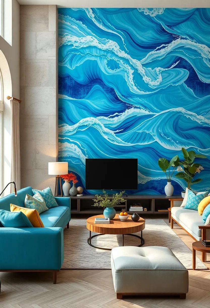 Electric ​Blue Waves: Infuse your ​living room with a ​sense of motion and‍ energy through a stunning electric blue wallpaper ‌that mimics the fluidity of ocean waves