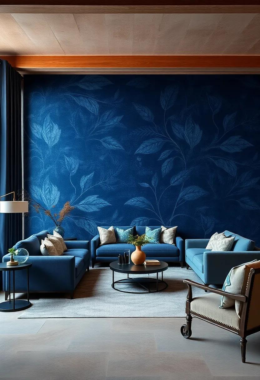 Majestic Indigo: Dive into the depths of sophistication with a rich indigo wallpaper that evokes a sense of luxury and elegance in your living area