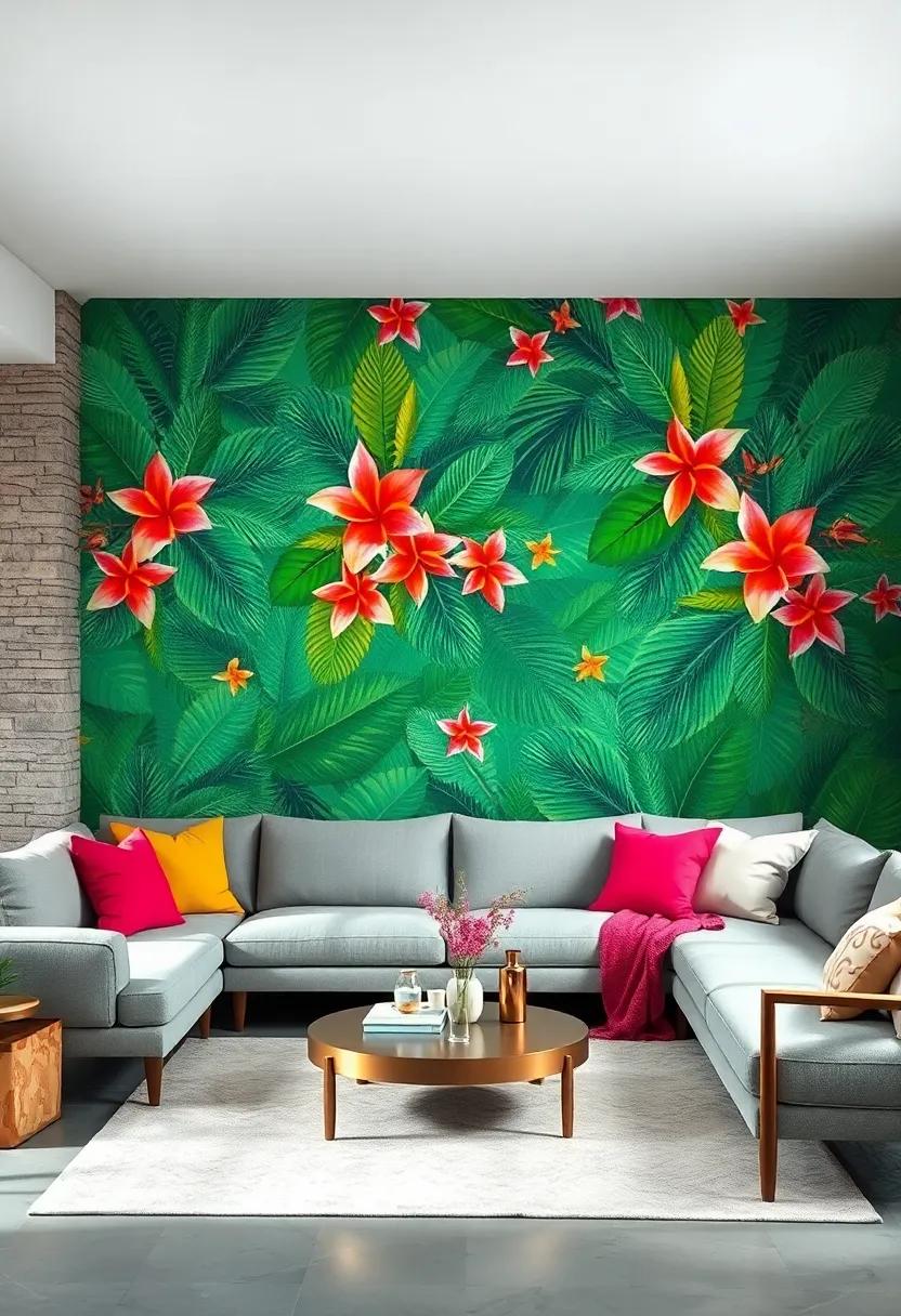 Tropical Paradise: Escape to a lush world ‌with a‌ vibrant green wallpaper adorned with palm leaves and⁢ exotic flowers, bringing the​ essence of the tropics indoors