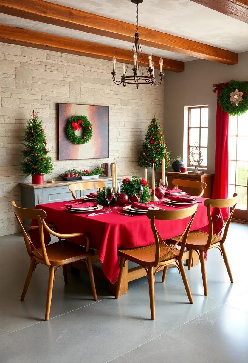 Classic Red and Green: Stick to ‌the traditional‍ festive colors with rich red table ​linens,green centerpieces,and‍ rustic wooden chairs for⁤ a cozy feel