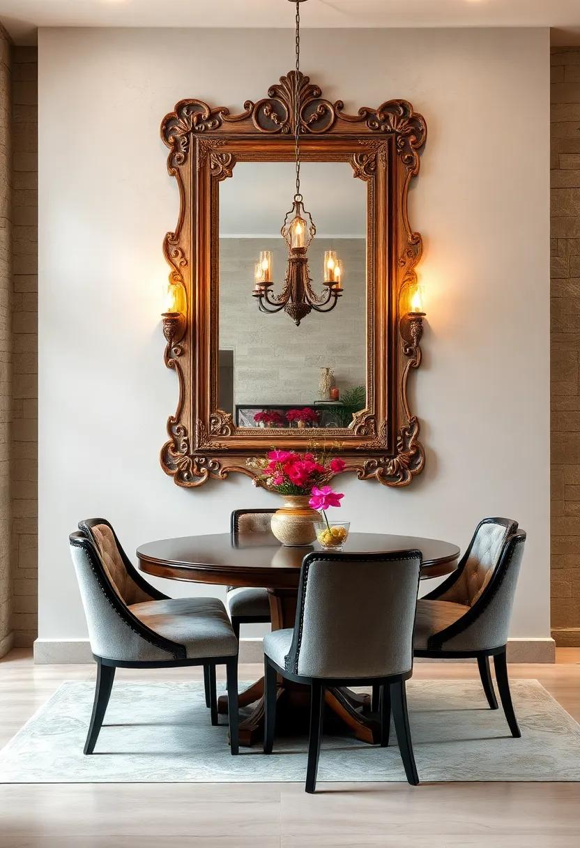 “vintage Charm: A distressed wooden⁣ mirror⁢ with ⁢intricate⁢ carvings offers a rustic appeal, ⁢perfect for creating a ⁢cozy and inviting dining ⁢space.”