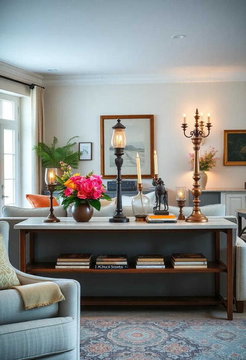 Create a vignette on ⁤a console table featuring an eclectic mix of ⁤antique lighting elements, ‌art books, and florals