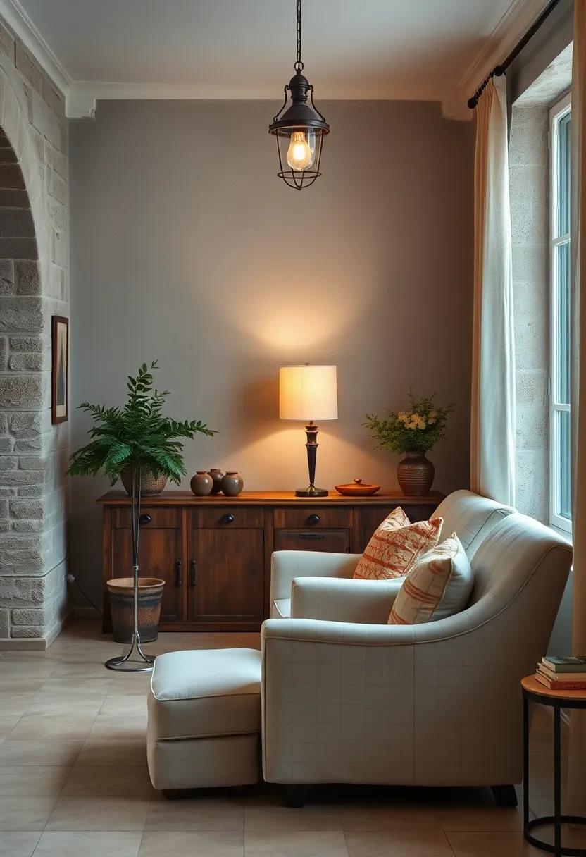 highlight a​ corner with a vintage floor lamp and a plush armchair, perfect for quiet moments of relaxation