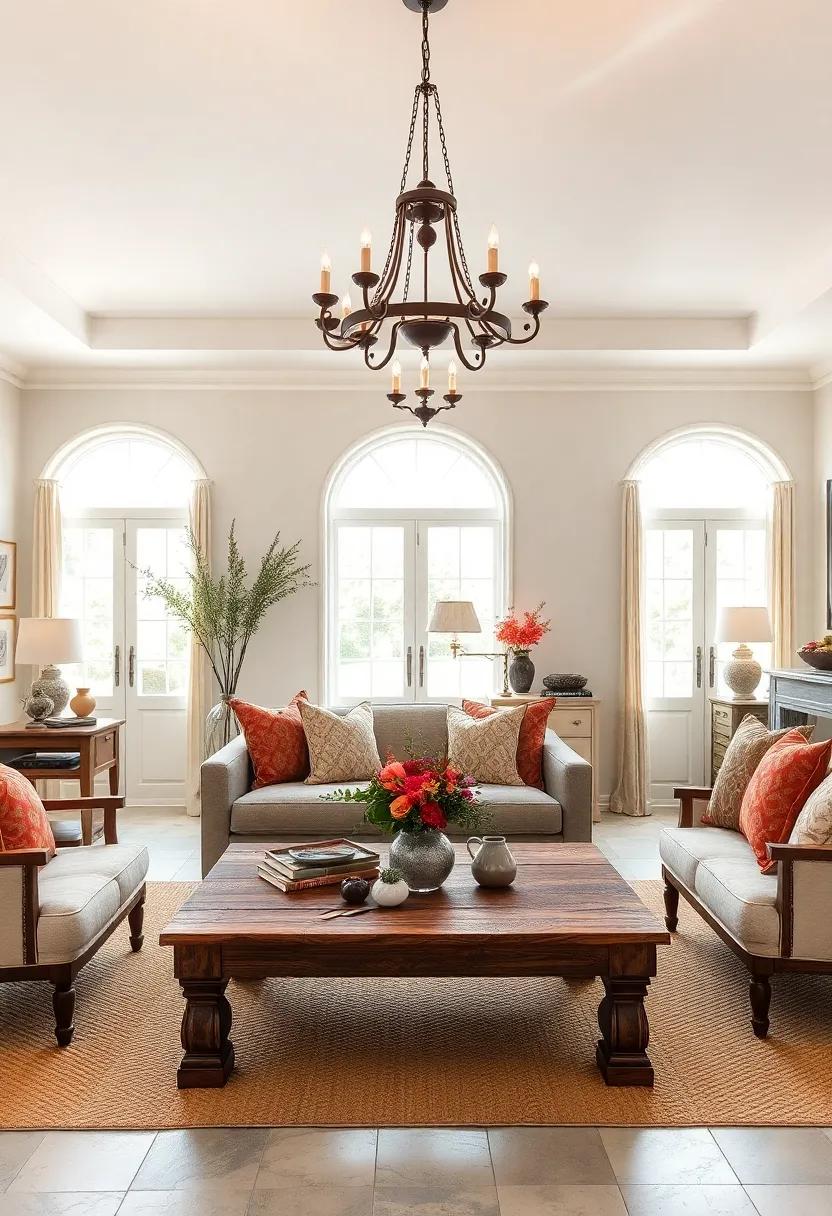 Showcase a statement chandelier as the focal point above a rustic wooden coffee table for a charming centerpiece