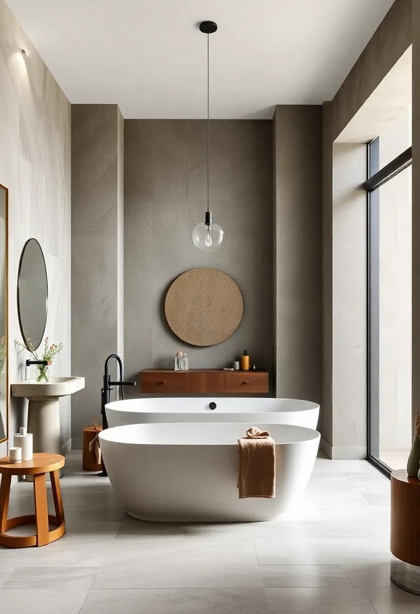 Architectural Drama: Design a freestanding tub ‌feature in front of striking architectural ‍elements, drawing attention to the unique structure of ‌the bathroom