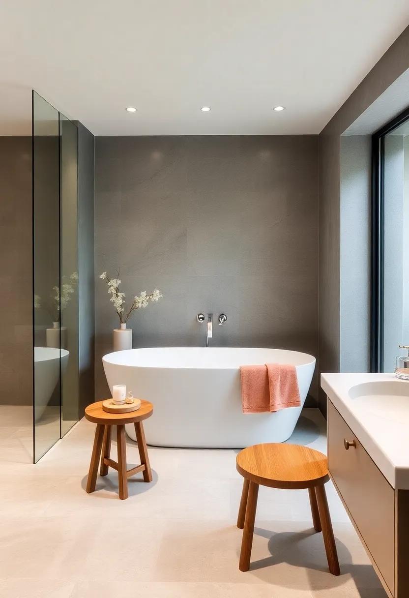 Embrace‍ Minimalism: A sleek, white⁢ freestanding tub paired with a simple wooden stool creates ⁤a serene ‍and ⁣uncluttered guest ​bathroom retreat