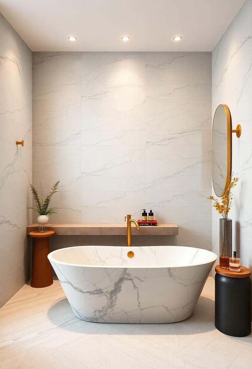 luxurious marble: Elevate your bathroom ‍with a stunning marble freestanding tub, complemented by chic gold fixtures⁤ for a​ touch of opulence
